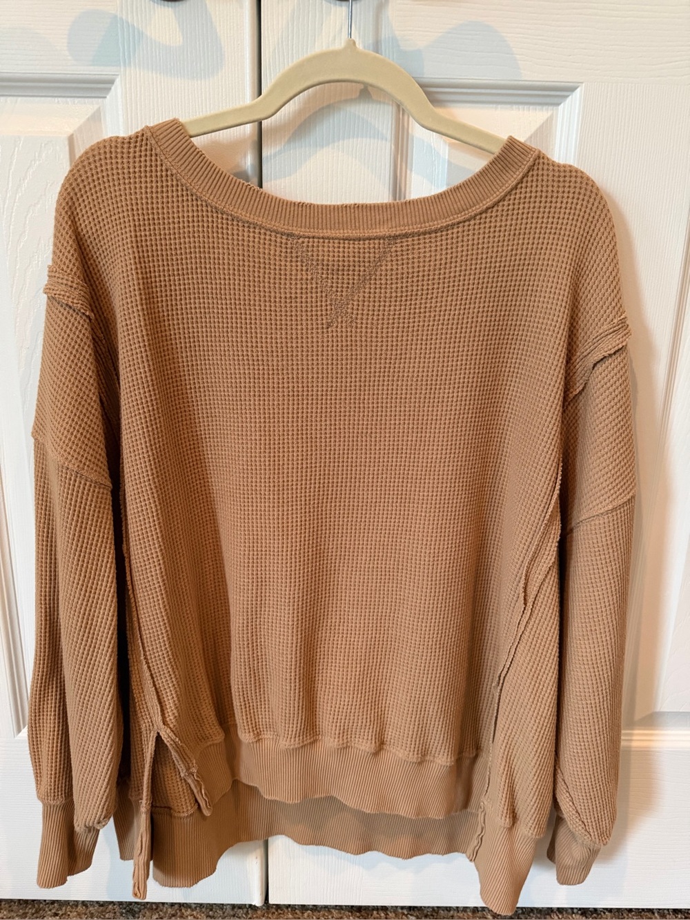 American Eagle Cozy Waffle Knit Pullover Crewneck- Camel XS
